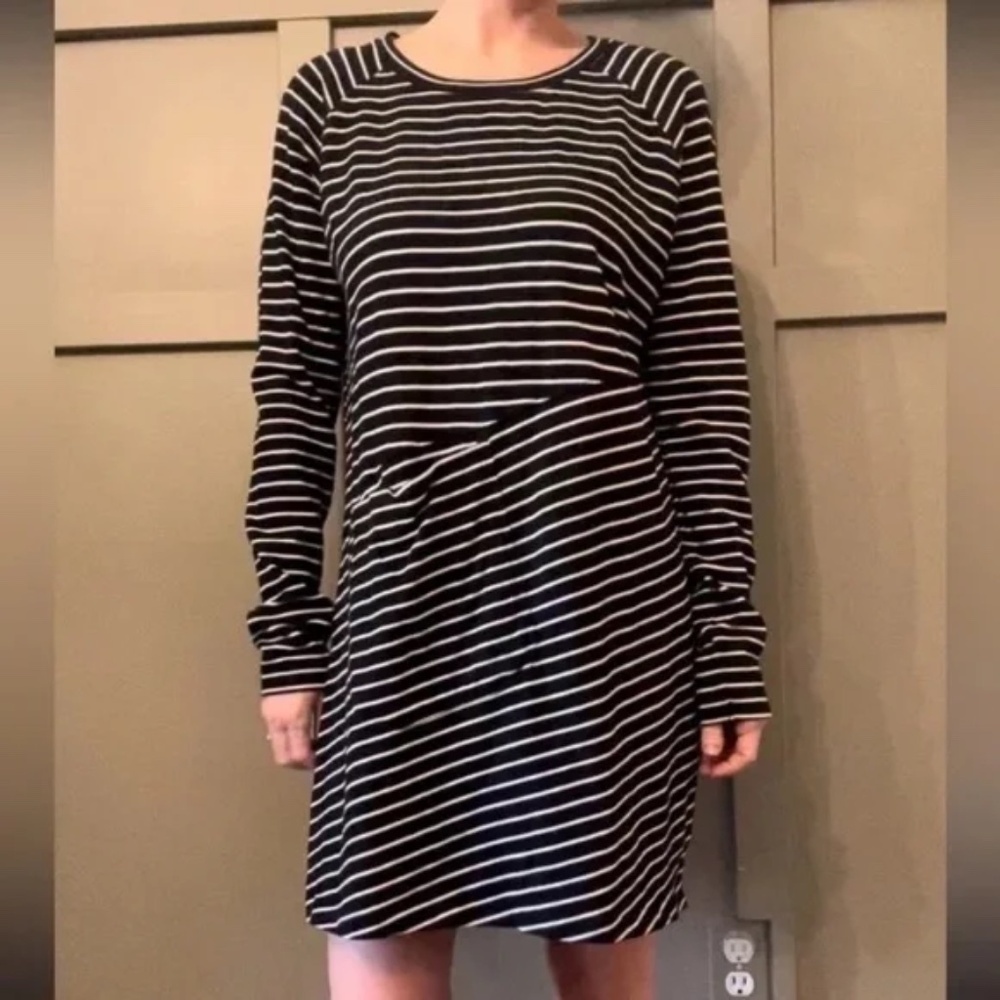 White + Warren Cotton Knit Shift Dress W/ Pocket Black & White Stripes Sz Large